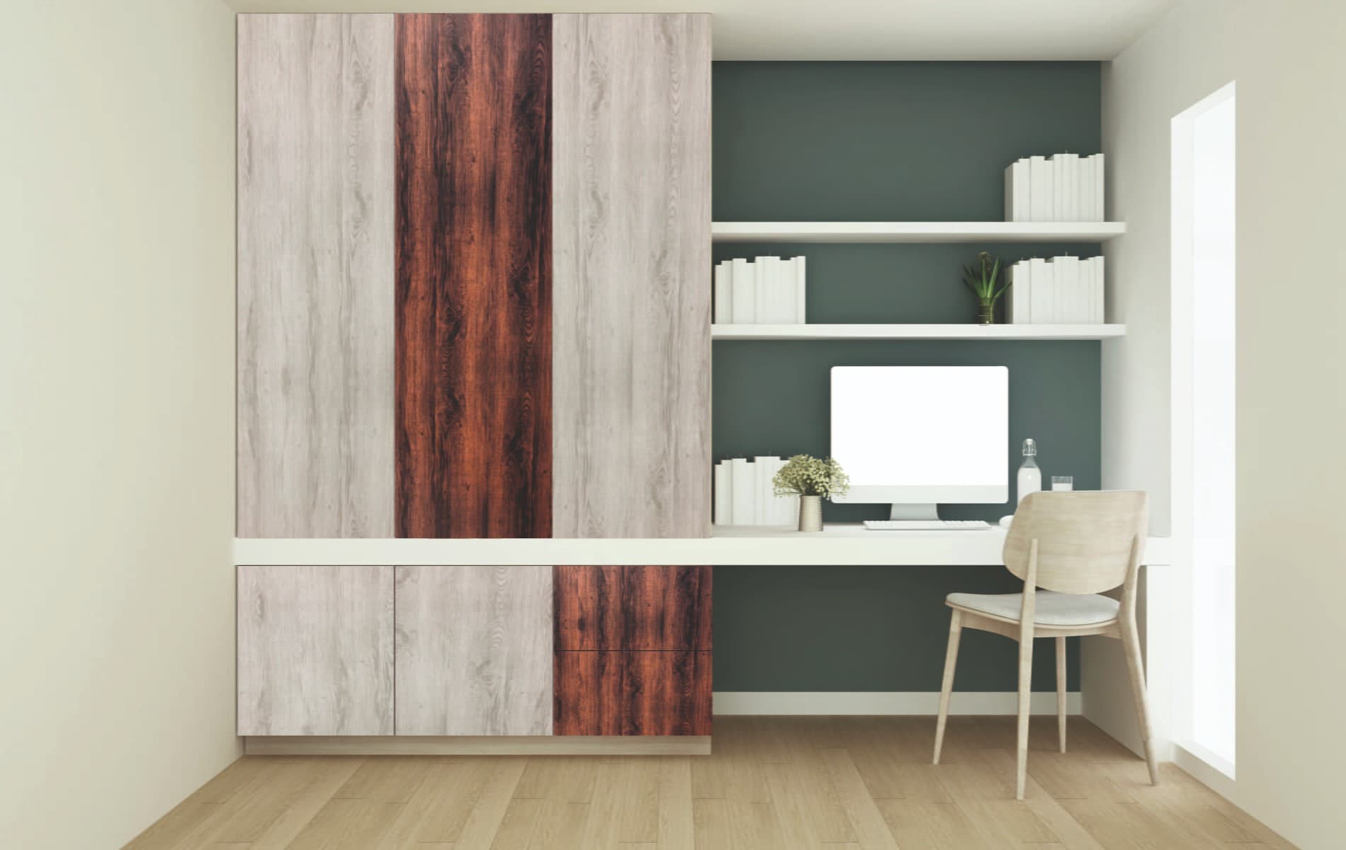 Minimal workspace with wood-grain PVC storage and a clean desk.