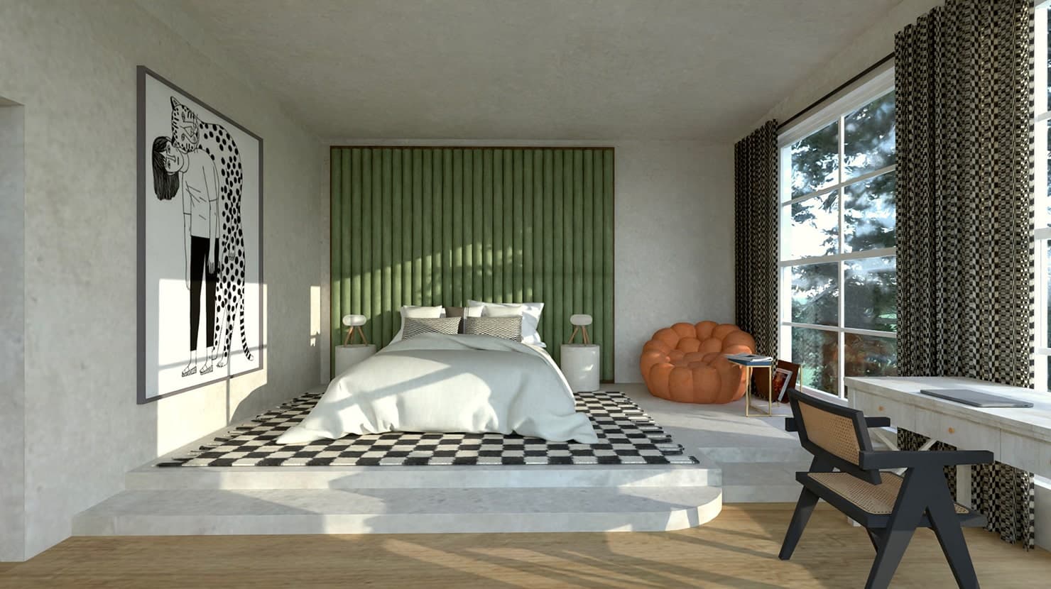 RAVYA bedroom project — restful furniture composition.
