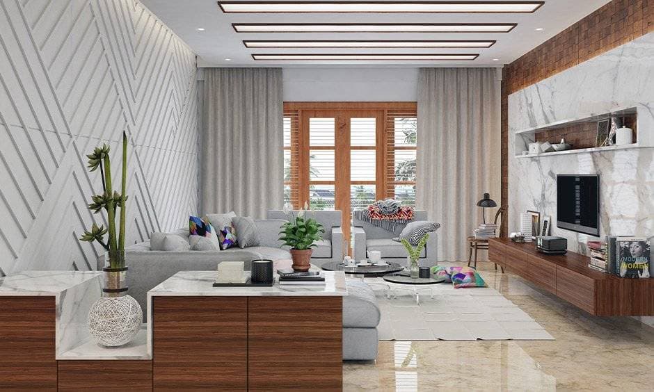 RAVYA living room project — display and seating area.